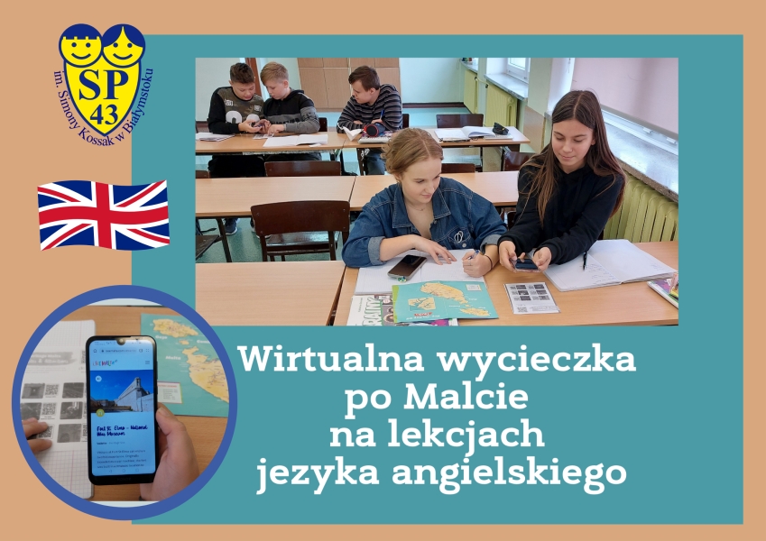 Plakat - napis Wirtualna wycieczka po Malcie Obraz - dzieci w ławkach pracują na lekcji angielskiego.jpg