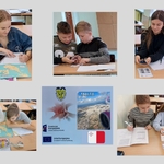 Plakat - Wirtualna wycieczka po Malcie kolaż zdjęć z lekcji angielskiego dzieci w ławkach pracują ze smartfonami i tabletami.jpg