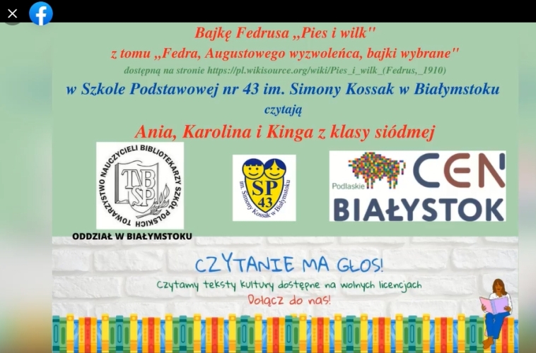 Tablica informująca o czytaniu bajki Fedrusa przez naszych uczniów.jpg