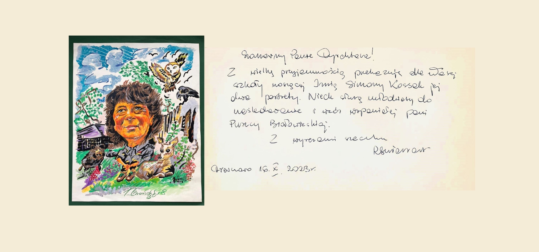 Karykatura naszej patronki autorstwa Tomasza Brańskiego i list od ofiarodawcy.jpg