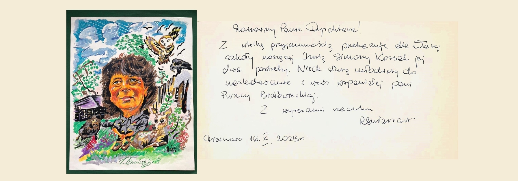 Karykatura naszej patronki autorstwa Tomasza Brańskiego i list od ofiarodawcy.jpg