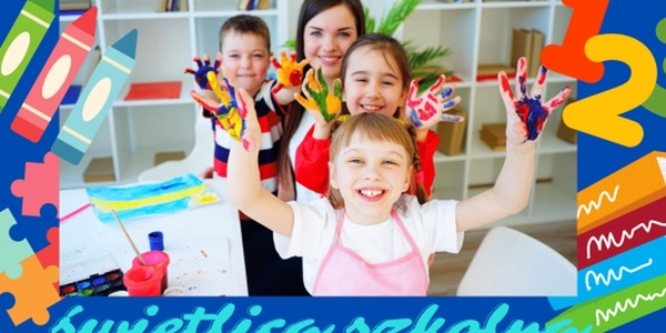 uśmiechnięte dzieci pokazują pomalowane farbami dłonie i napis świetlica szkolna